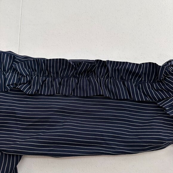 Luxology Navy Pinstripe Ruffle Sleeve Dress 8 Rayon Tencel Striped Old Money - Picture 9 of 10